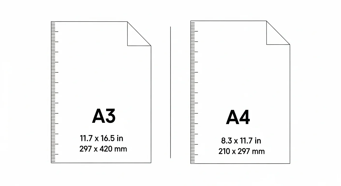 A3 vs A4 paper size comparison showing dimensions in inches and millimeters