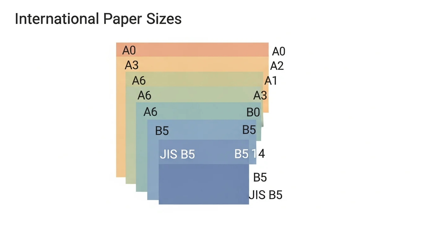International paper sizes reference chart showing A-series and B-series dimensions
