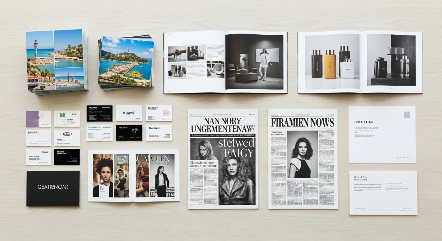 Print media advertising materials including postcards, brochures, and direct mail pieces