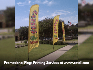 promotional flags for Fuzzy's pizza place