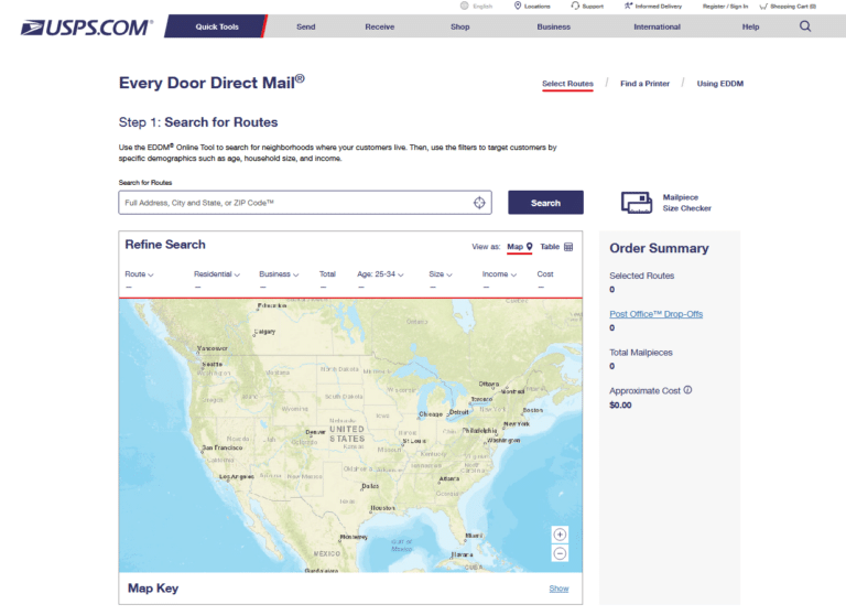 USPS EDDM mapping tool showing carrier route selection with household income and age demographics